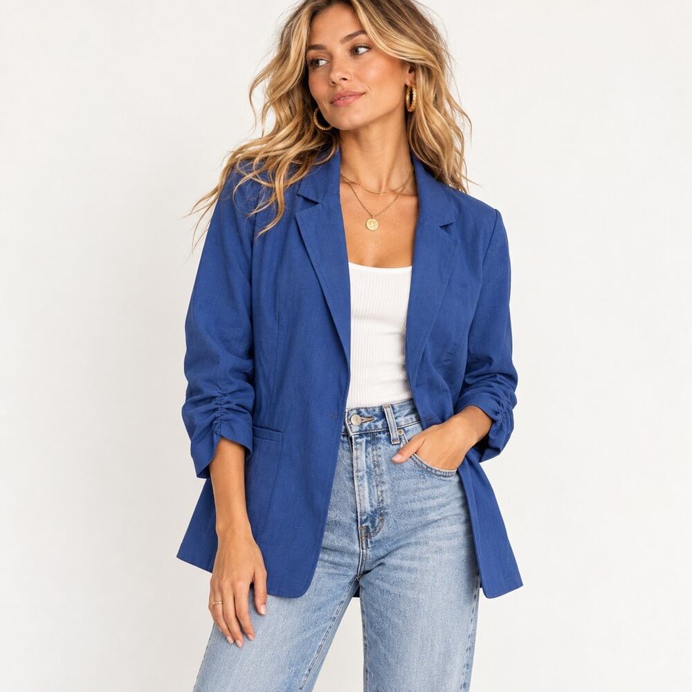 HAVE Los Angeles Women’s L Blue Blazer Ruched Sleeve Cotton Stretch Open Front